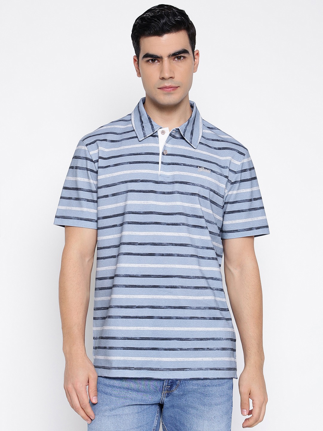 Organic Piquet Cloudy Smart Blue Horizontal Stripes Polo Collar Regular Fit T-Shirt