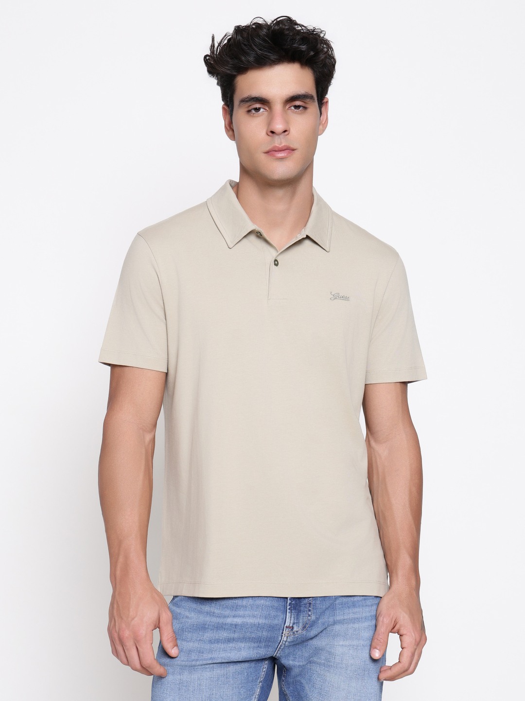 Guess Men Basis Pima Hazel Wood Solid Polo Neck Regular Fit T-Shirt
