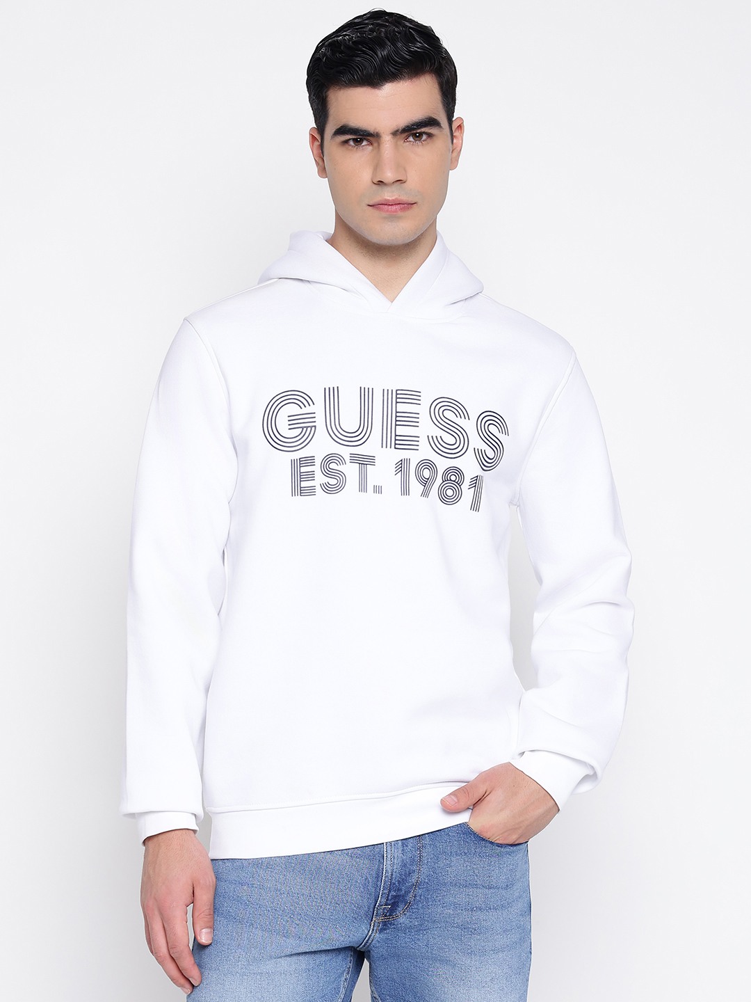 Cotton Fleece Sleek Pure White Typography Hooded Neck Regular Fit Sweatshirt