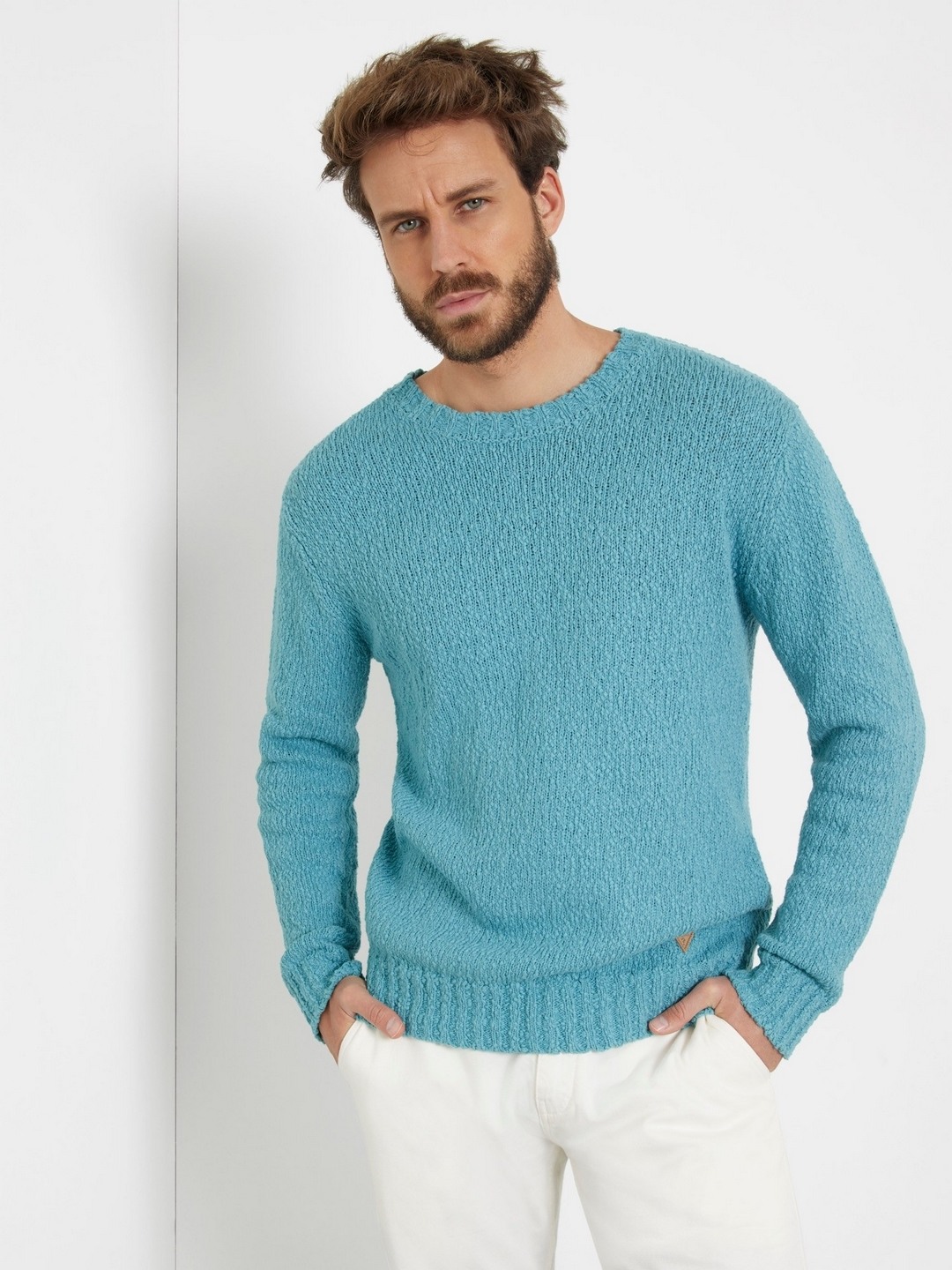 Soft Teal Solid Round Neck Full Sleeve Deven Pullover Sweater