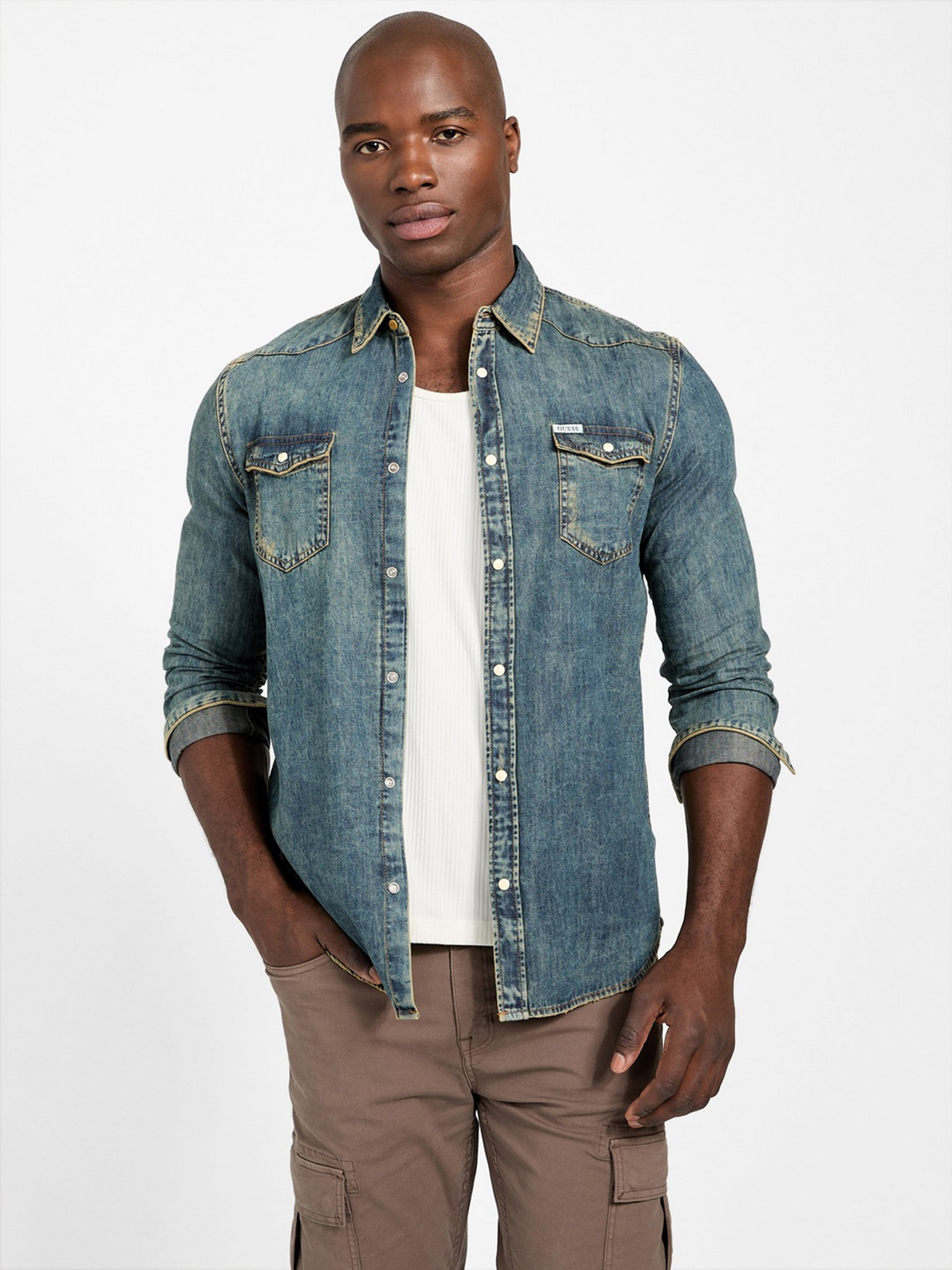 Guess Men Washed Spread Collar Long Sleeves Shirt