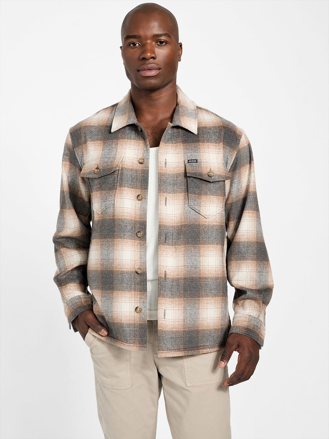 Guess Men's Beige Macro Check Checked Spread Collar Full Sleeve Shirt