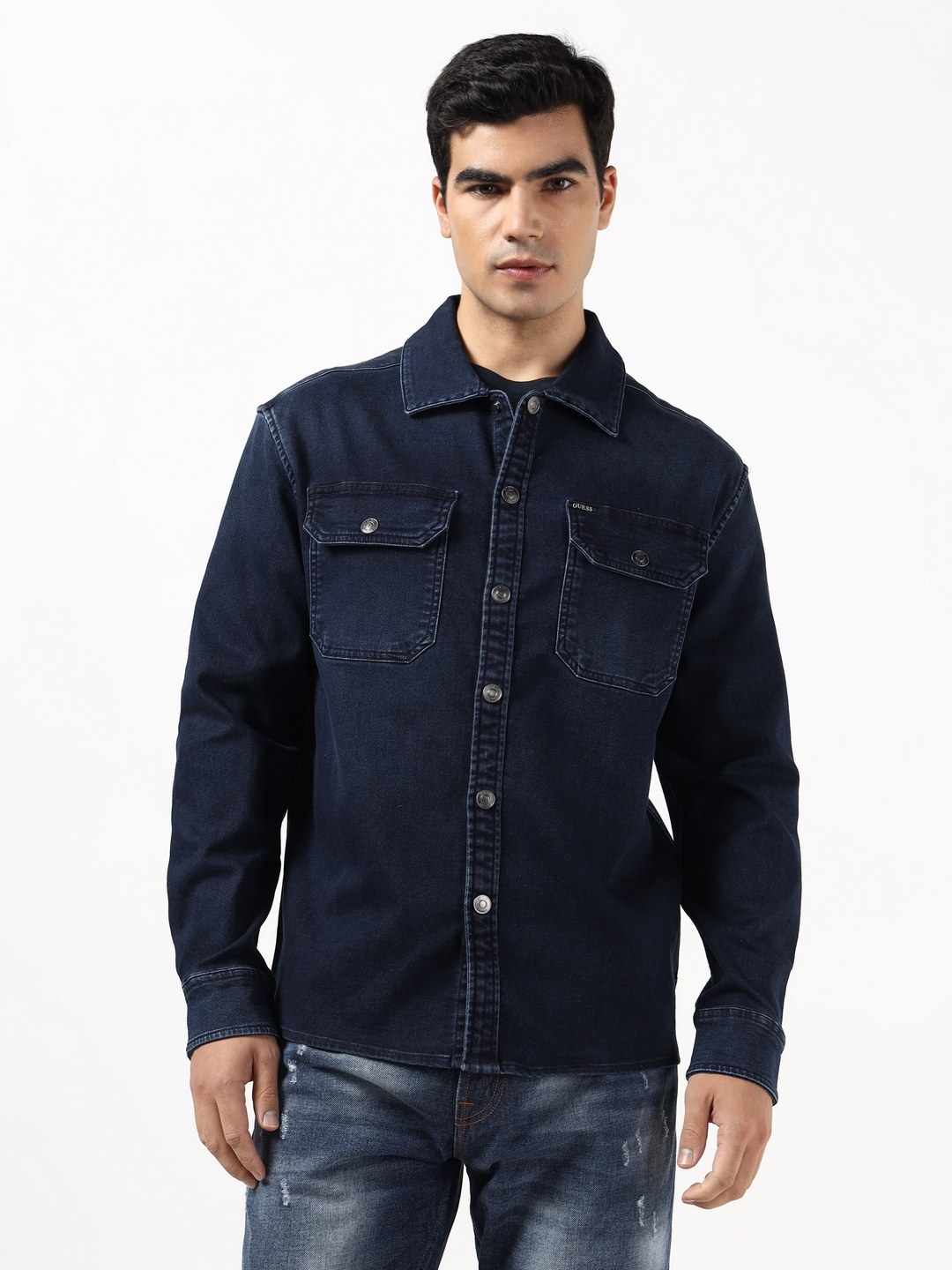 Guess Men Shiloh Knit Durham Blue Solid Spread Collar Cotton Denim Shacket
