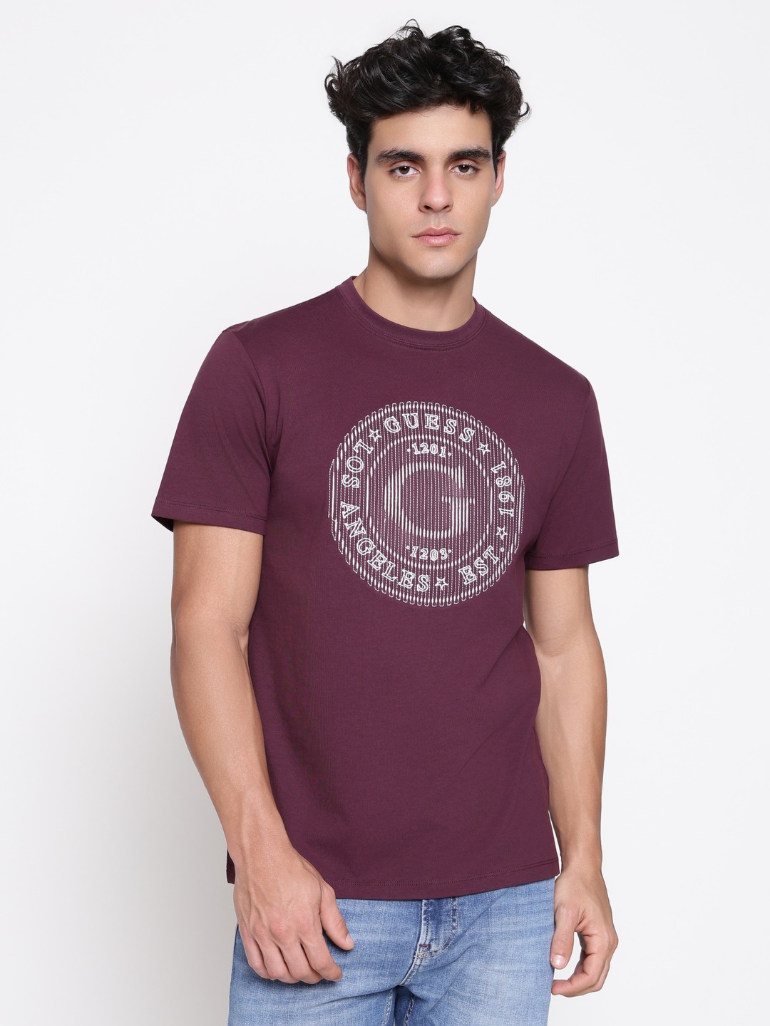 Guess Men Mid Organic Regal Plum Graphic Round Neck Regular Fit T-Shirt