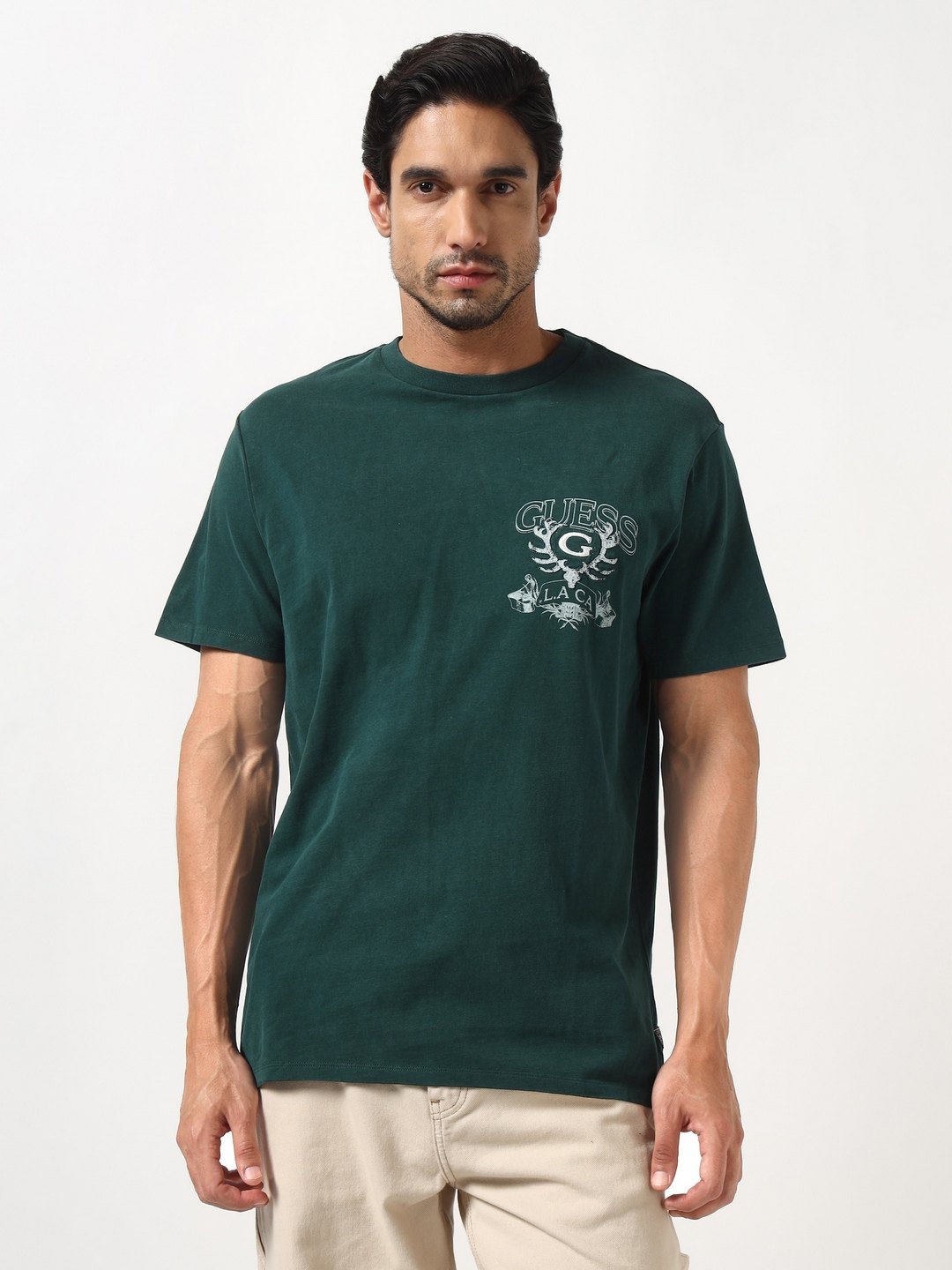 Guess Men Great Outdoors Green Printed Round Neck Half Sleeves Knit T-Shirt
