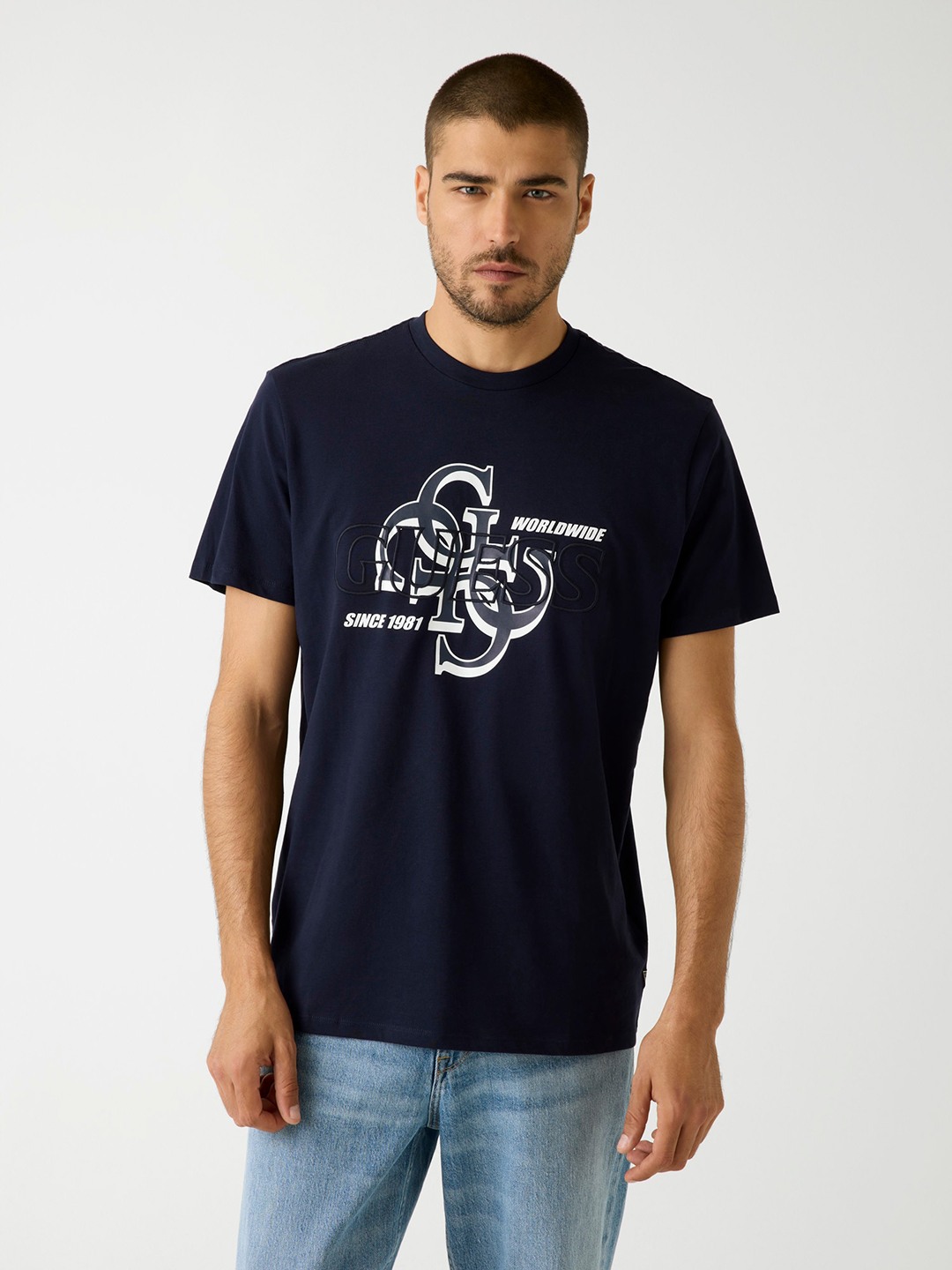 Guess Men's Smart Blue Printed Round Neck Short Sleeve Organic Stream Jersey T-Shirt