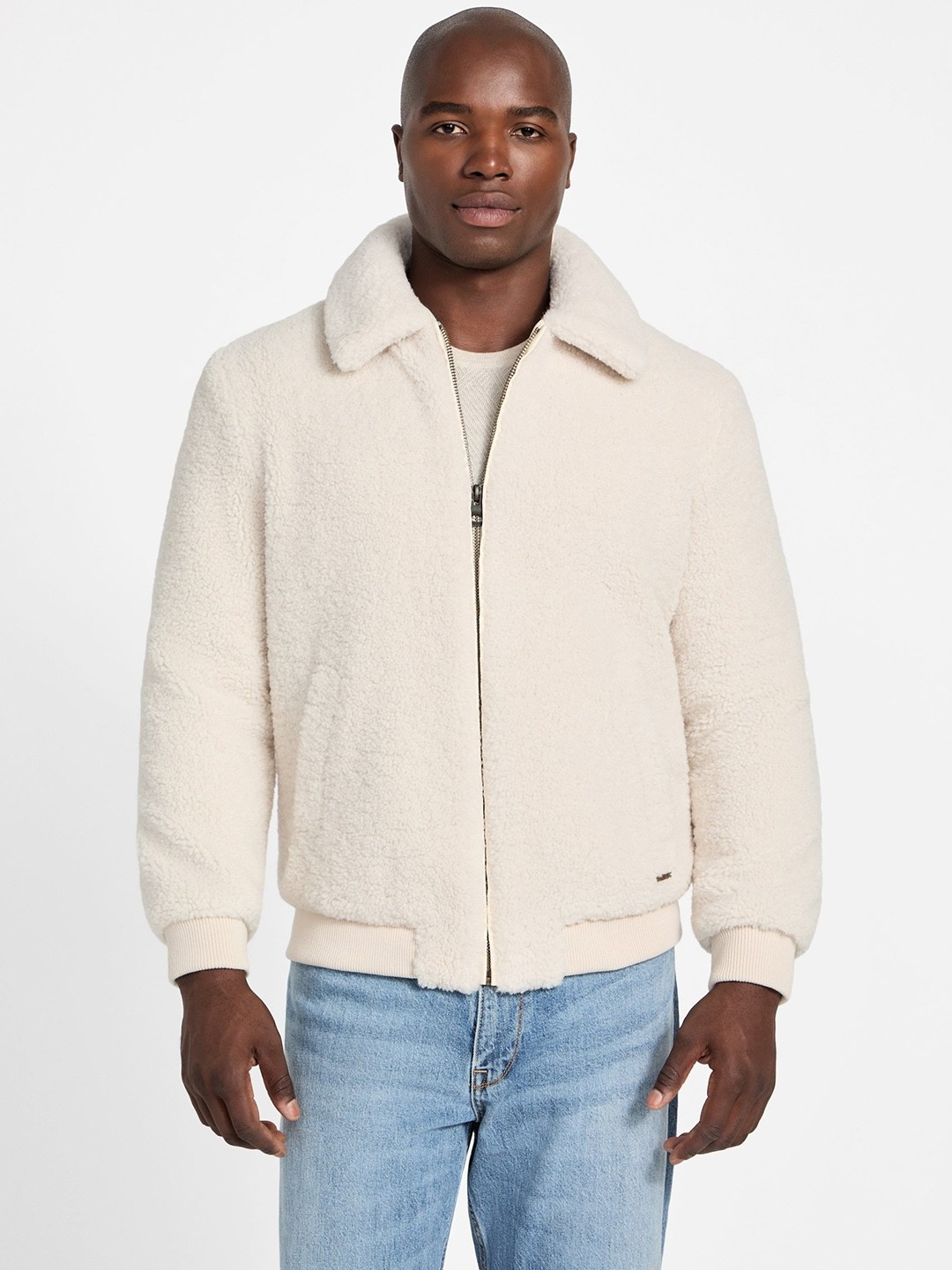 Cream Solid Collar Neck Jacket