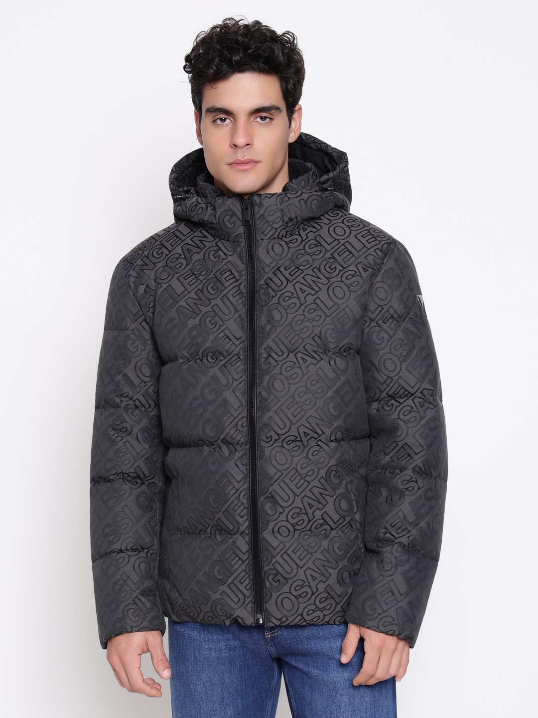 Guess Men Allover Logo Black Typography Hooded Neck Regular Fit Puffer Jacket