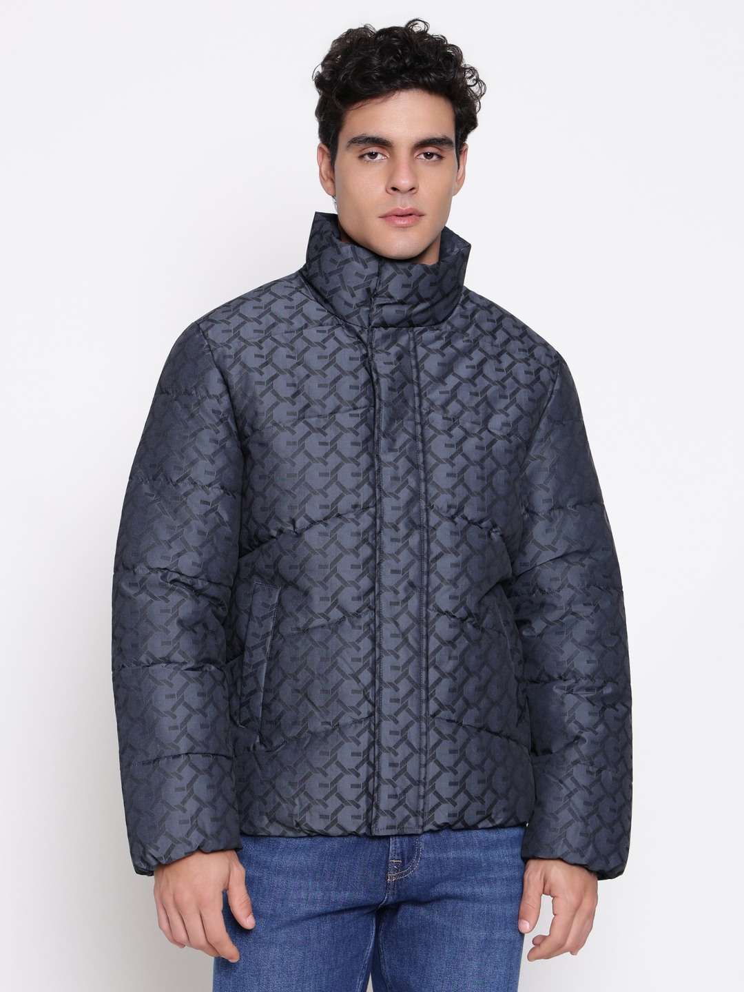 Guess Men Chambray Blue Jacquard Chain Logo High Neck Regular Fit Puffer Jacket