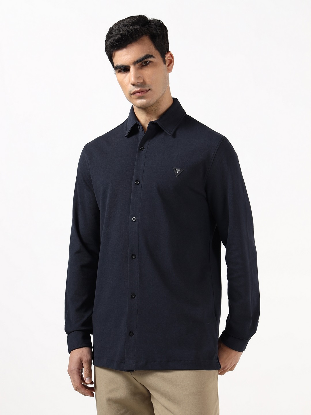 Guess Men Fluid Compact Piquet Smart Blue Solid Spread Collar Cotton Formal Knit Shirt