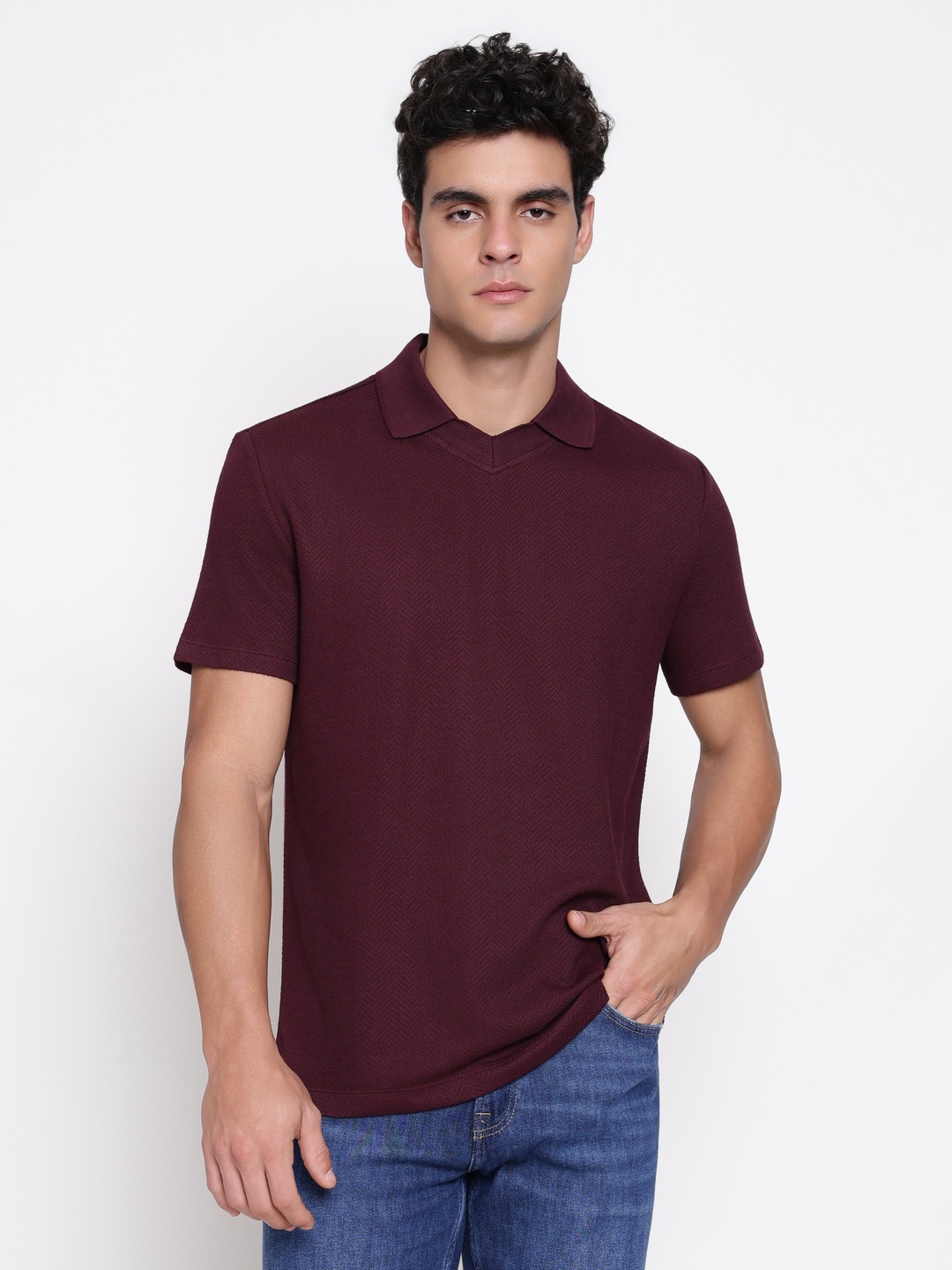 Guess Men Organic Cotton Regal Plum Herringbone Polo Neck Regular Fit T-Shirt