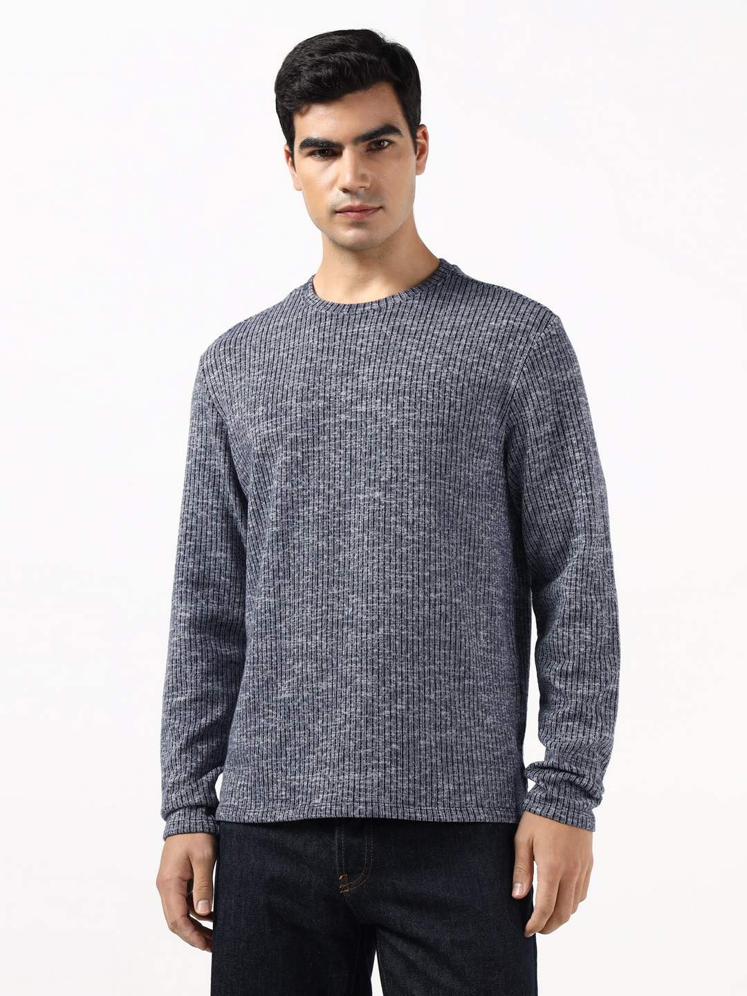 Guess Men Beau Rib Knit Smart Blue Multi Ribbed Round Neck T-Shirt