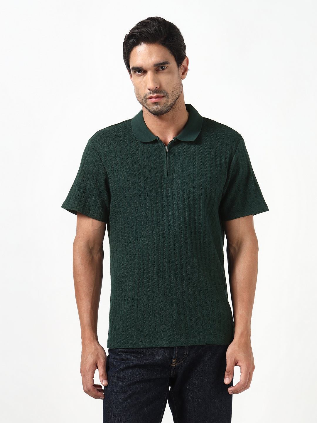 Guess Men Grady Rib Chenille Green Striped Johny Collar Half Sleeves Knit T-Shirt