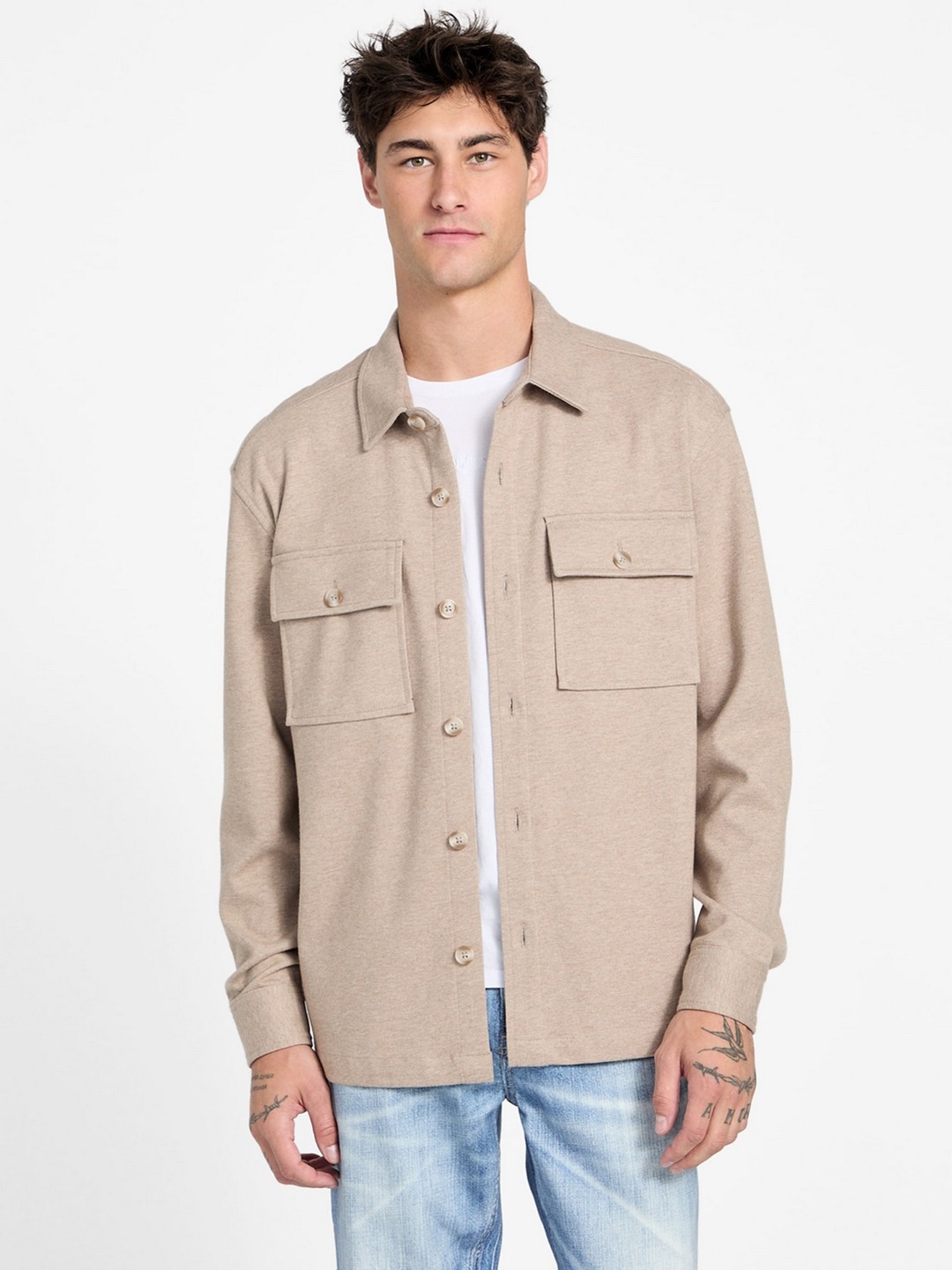 Guess Men Solid Spread Collar Long Sleeves Shirt