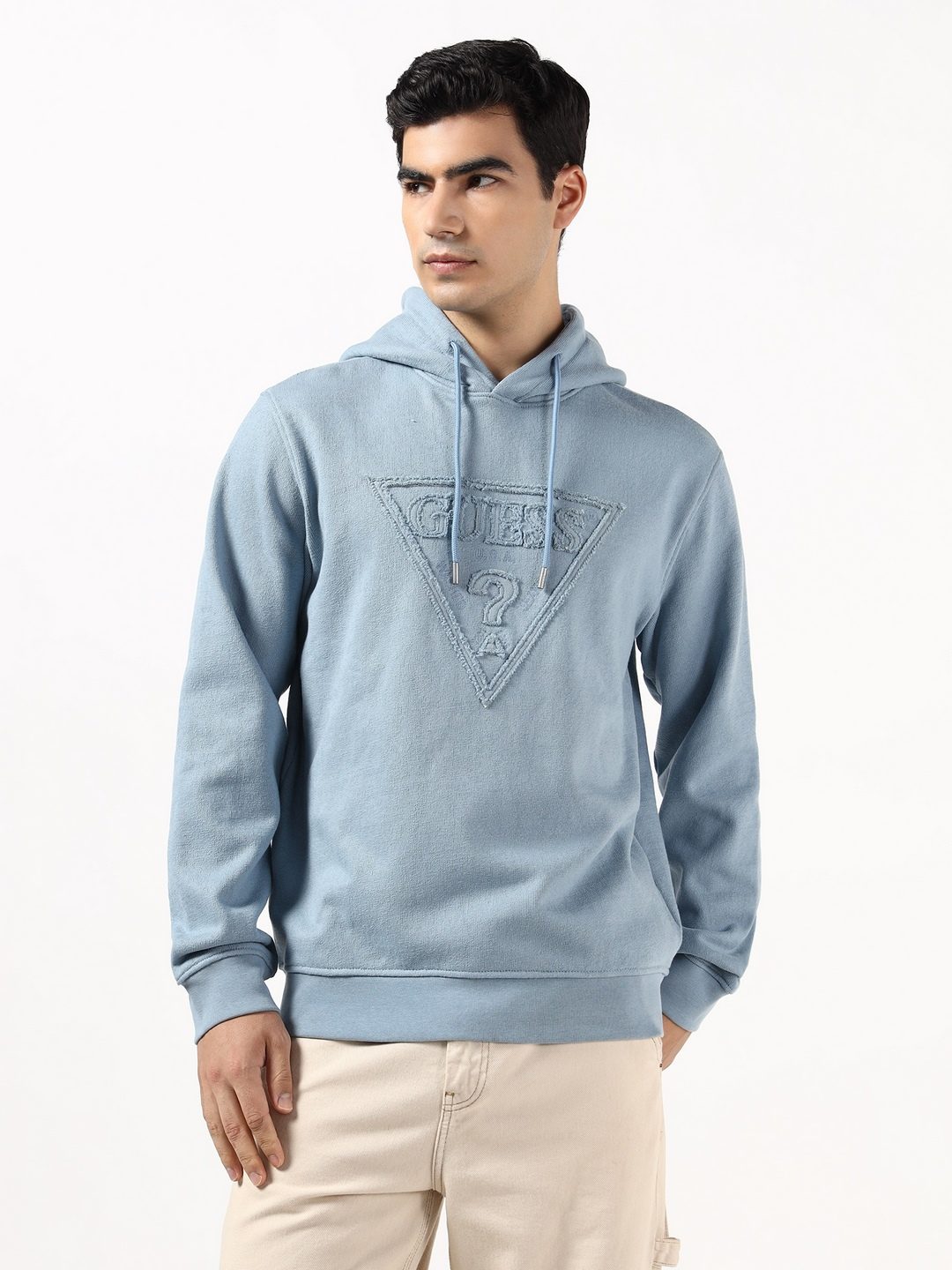 Guess Men Triangle Raw Patch Parisian Roof Blue Hooded Neck Pure Cotton Pullover Sweatshirt