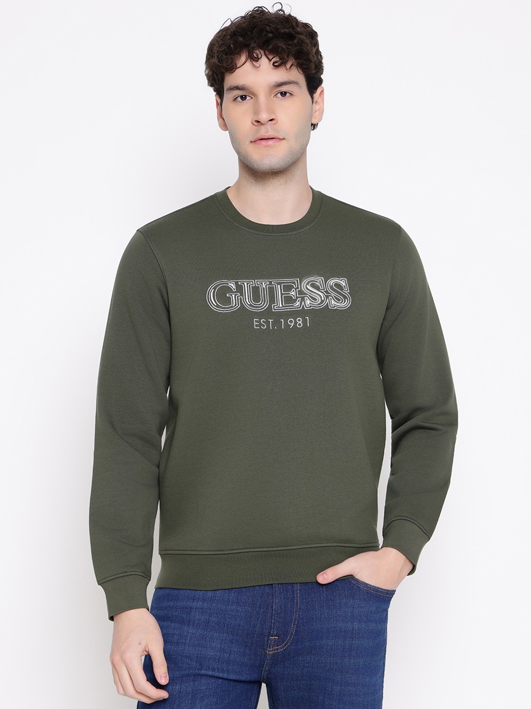 Guess Men Embroidered Text Round Neck Long Sleeves Sweatshirt