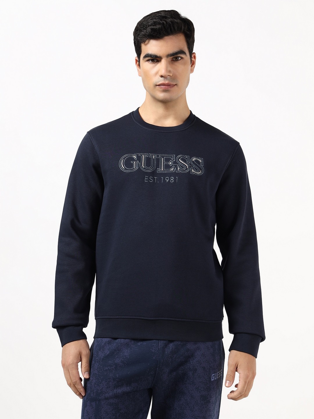 Guess Men Cotton Fleece Smart Blue Printed Round Neck Polycotton Pullover Sweatshirt