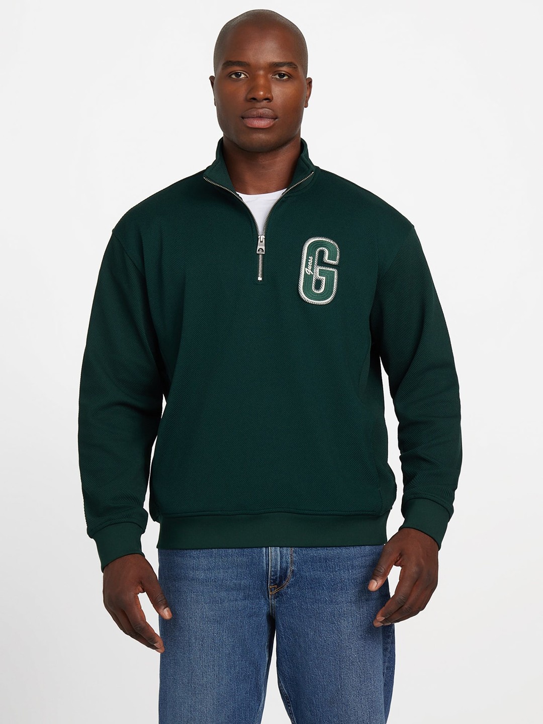 Guess Men's Chenille Green Textured High Neck Full Sleeve Harris Twill Sweatshirt
