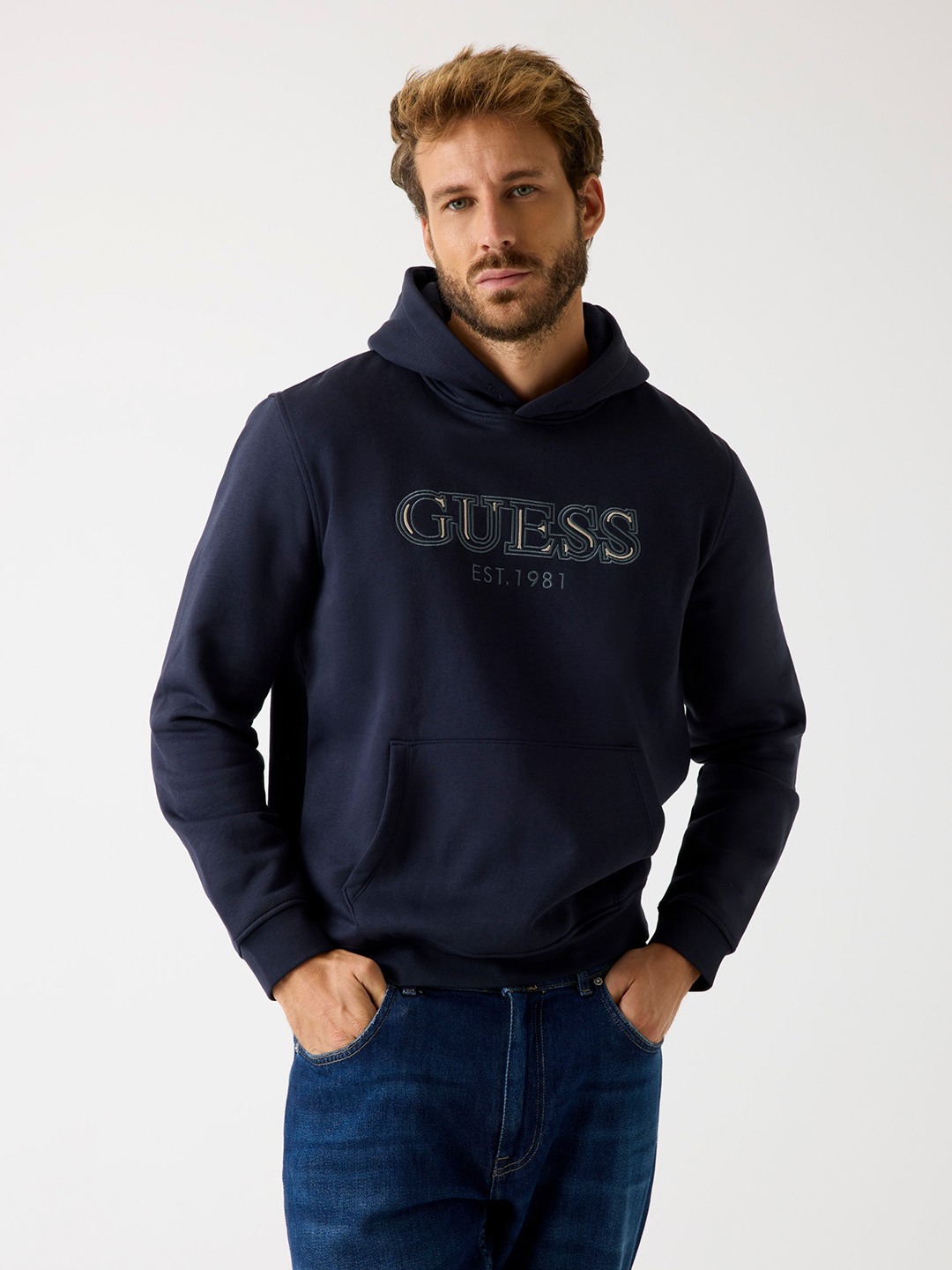 Guess Men's Smart Blue Solid Hooded Neck Full Sleeve Cotton Fleece Sweatshirt
