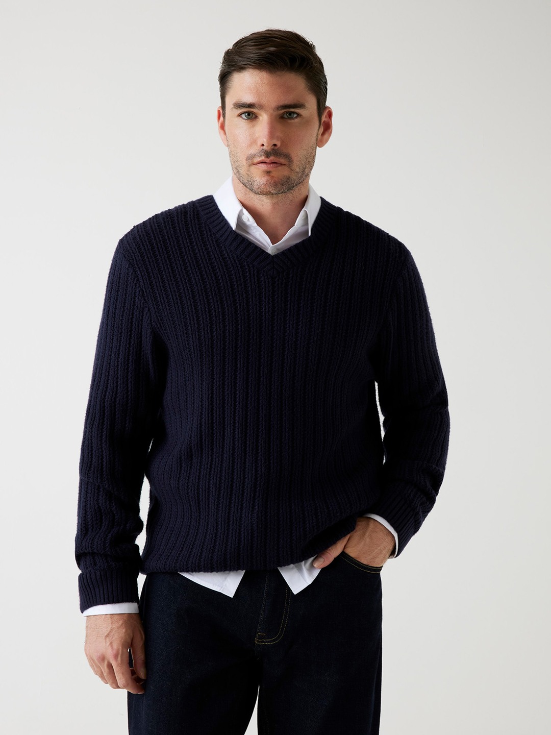 Guess Men's Smart Blue Ribbed Knit V-Neck Full Sleeve Liam Yarn Sweater