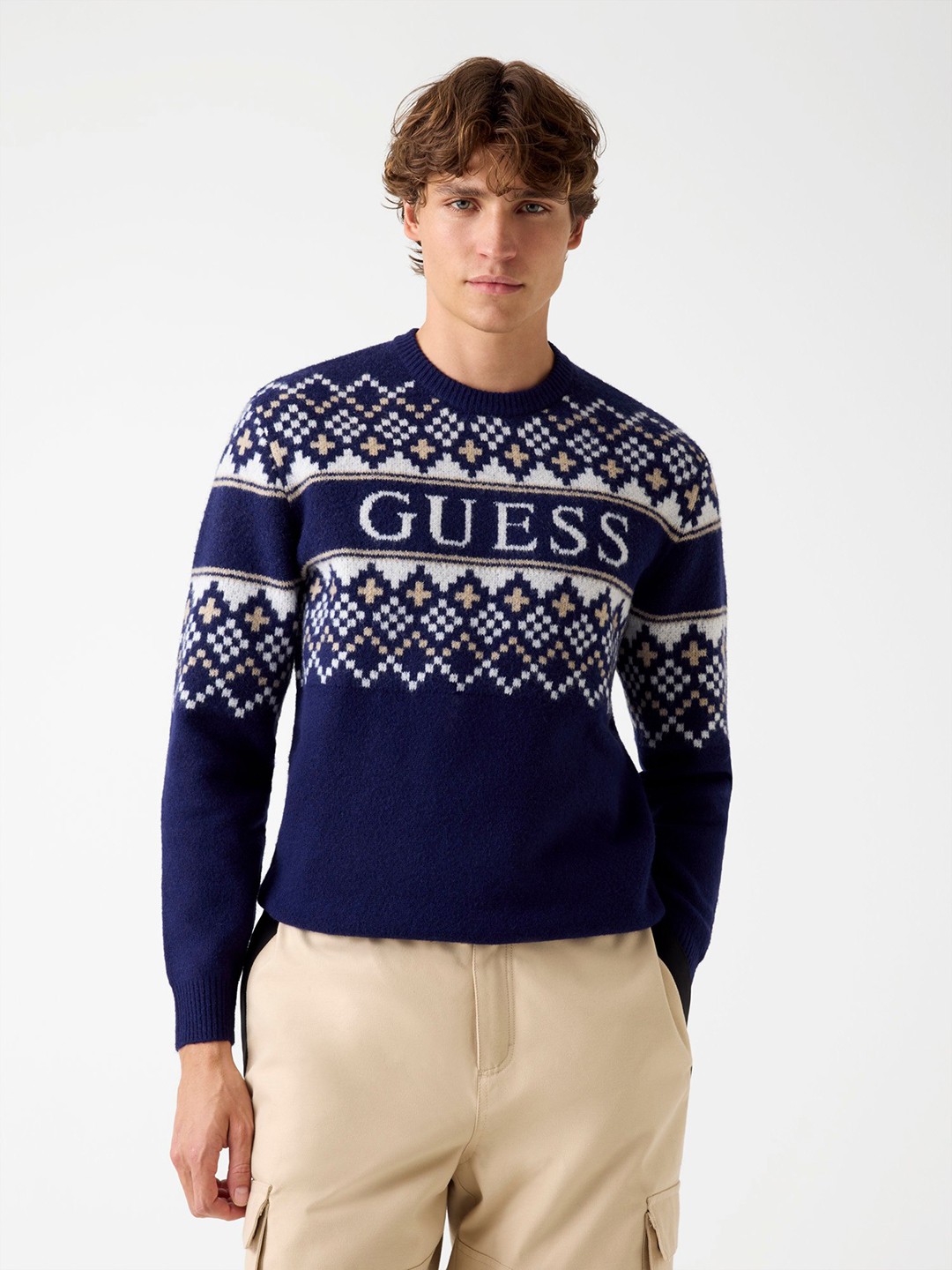 Guess Men's Smart Blue Knitted Round Neck Full Sleeve Yarn Sweater