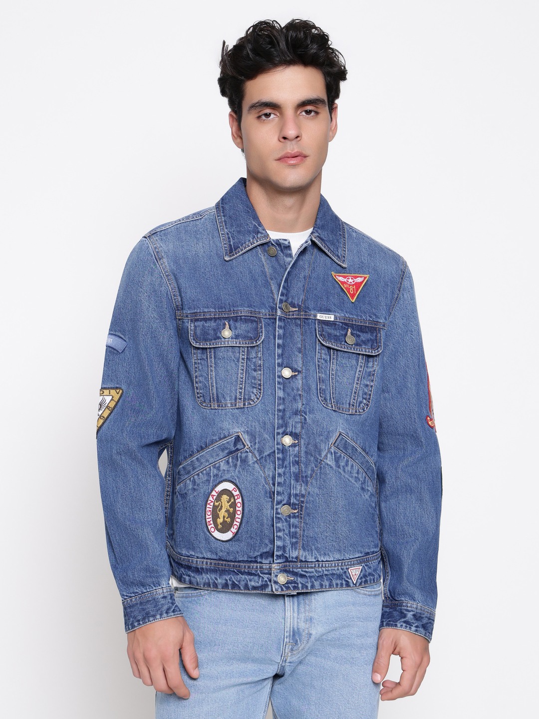 Guess Men Dean In Clubhouse Applique Spread Collar Regular Fit Denim Jacket