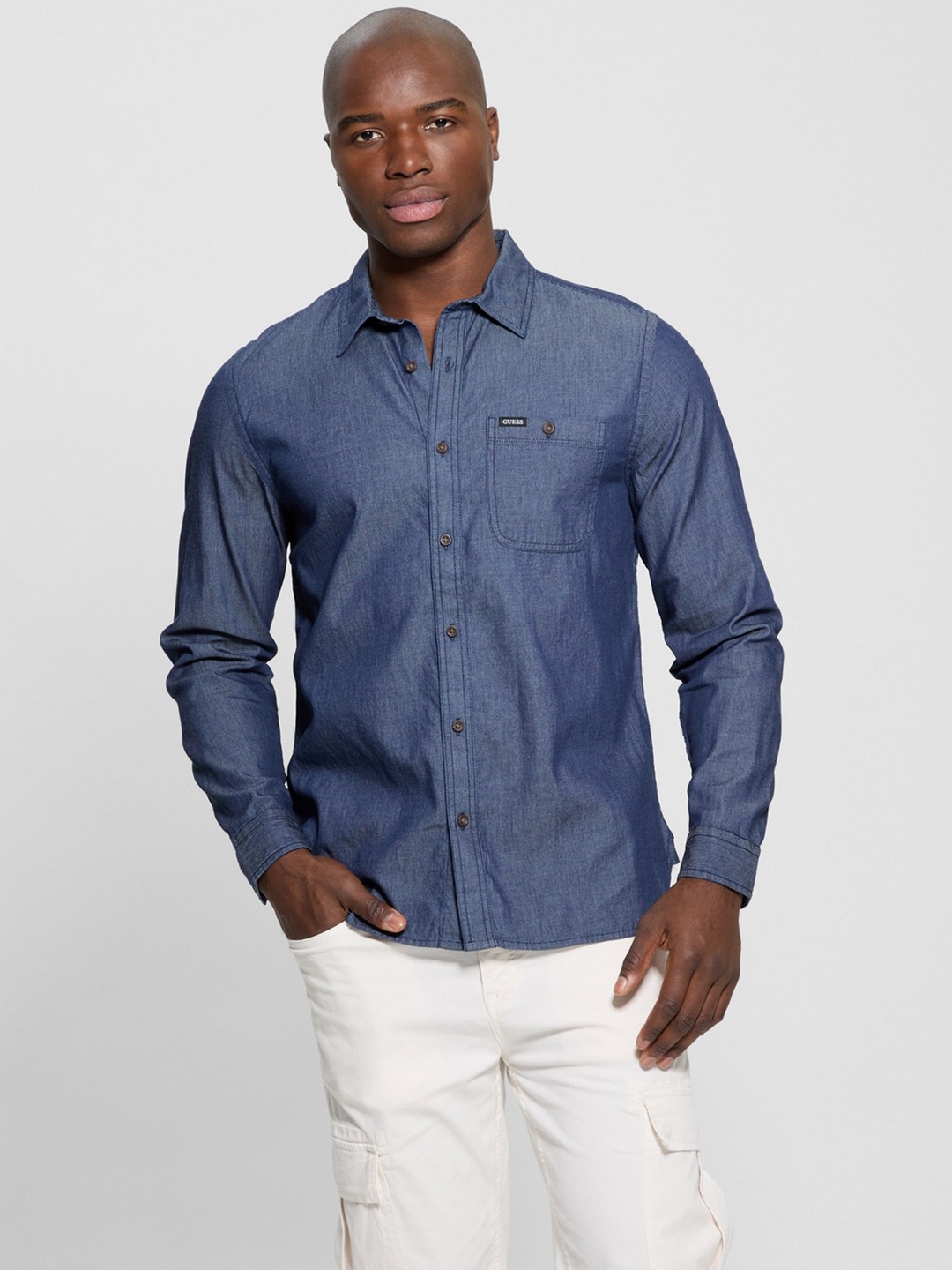 Men Blue Textured Spread Collar Shirt