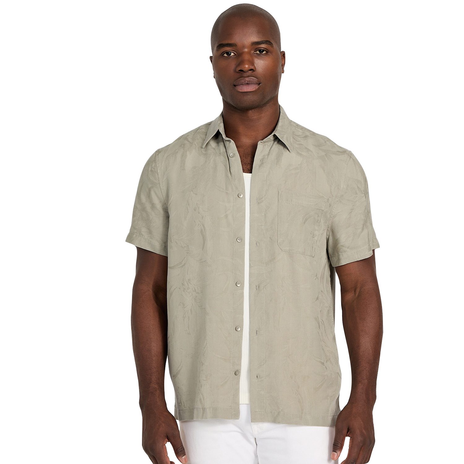 Guess Men Jacquard Leaves Spread Collar Short Sleeves Shirt