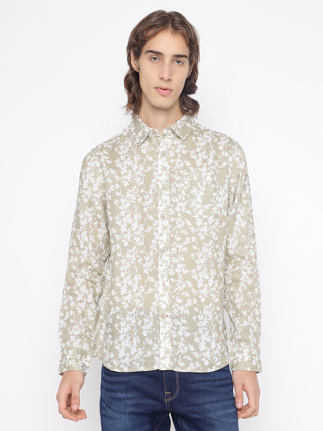 Guess Men's Beige Printed Spread Collar Long Sleeves Shirt