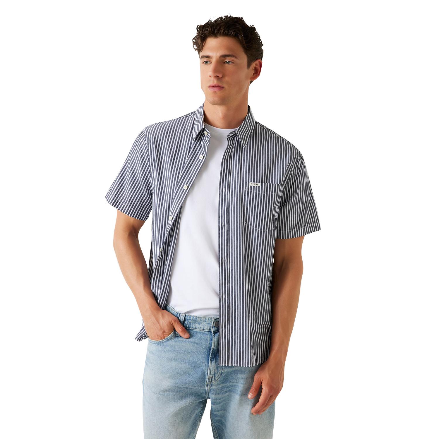 Guess Men Striped Spread Collar Short Sleeves Shirt