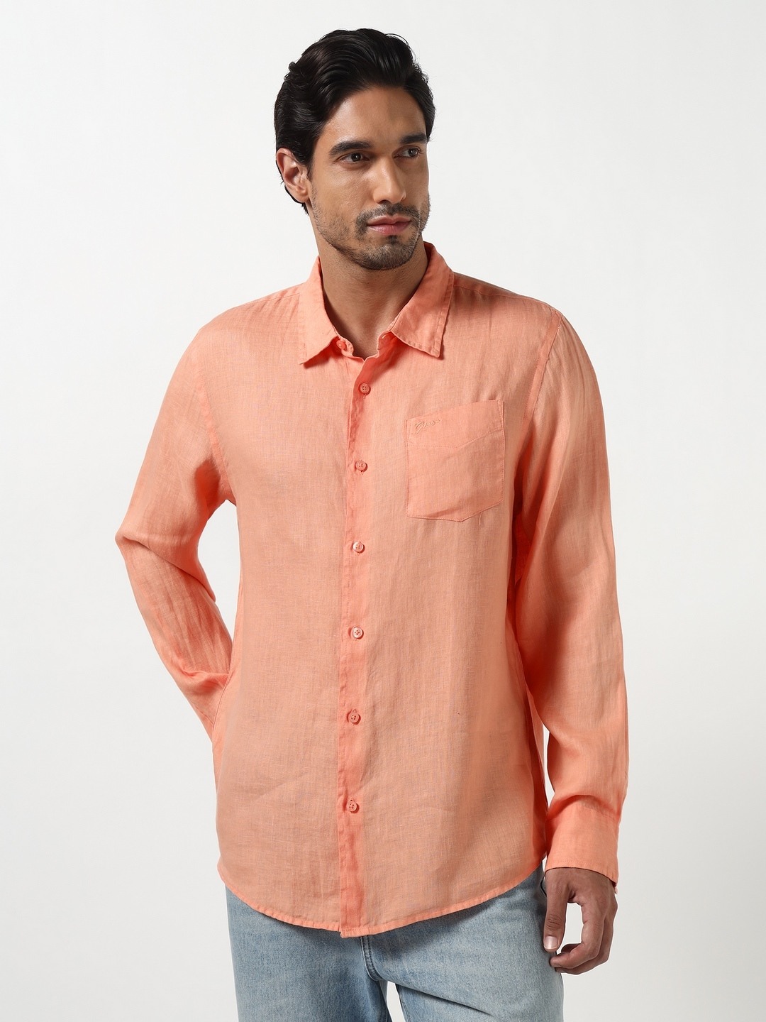 Guess Men Napa Orange Solid Spread Collar Woven Regular Fit Shirt