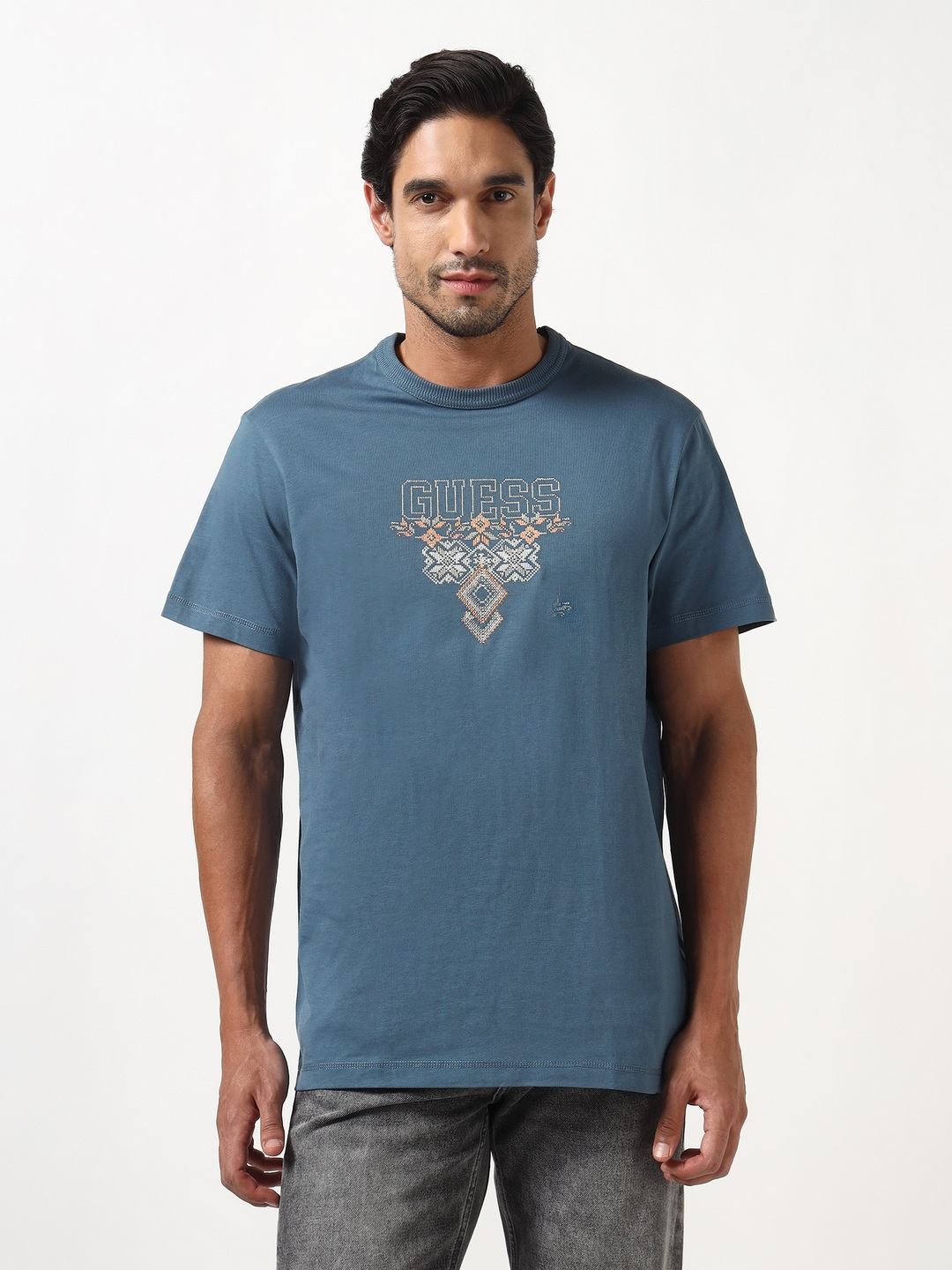 Guess Men Triangle Petroleum Embroidery Round Neck Half Sleeves Knit T-Shirt