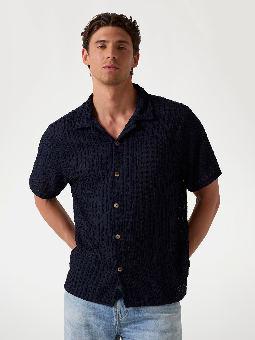 Guess Men's Navy Blue Self Design Cuban Collar Short Sleeves Shirt