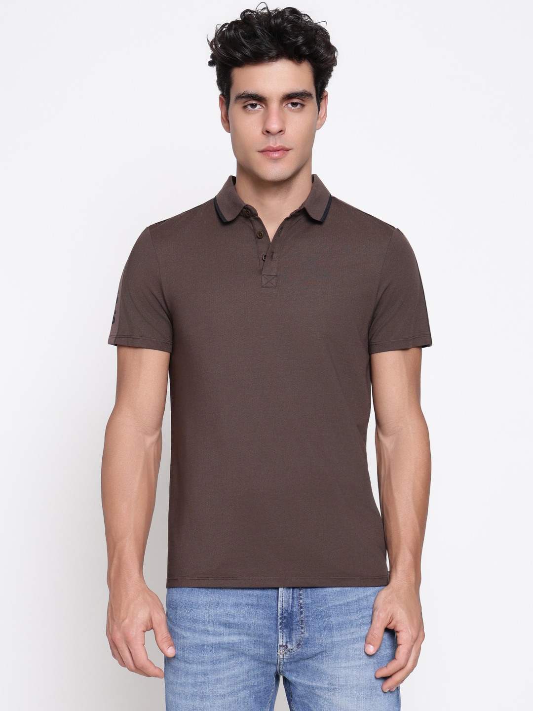 Guess Men Paul Pique Tape Chocolate Brownie Solid Round Neck Regular Fit T-Shirt