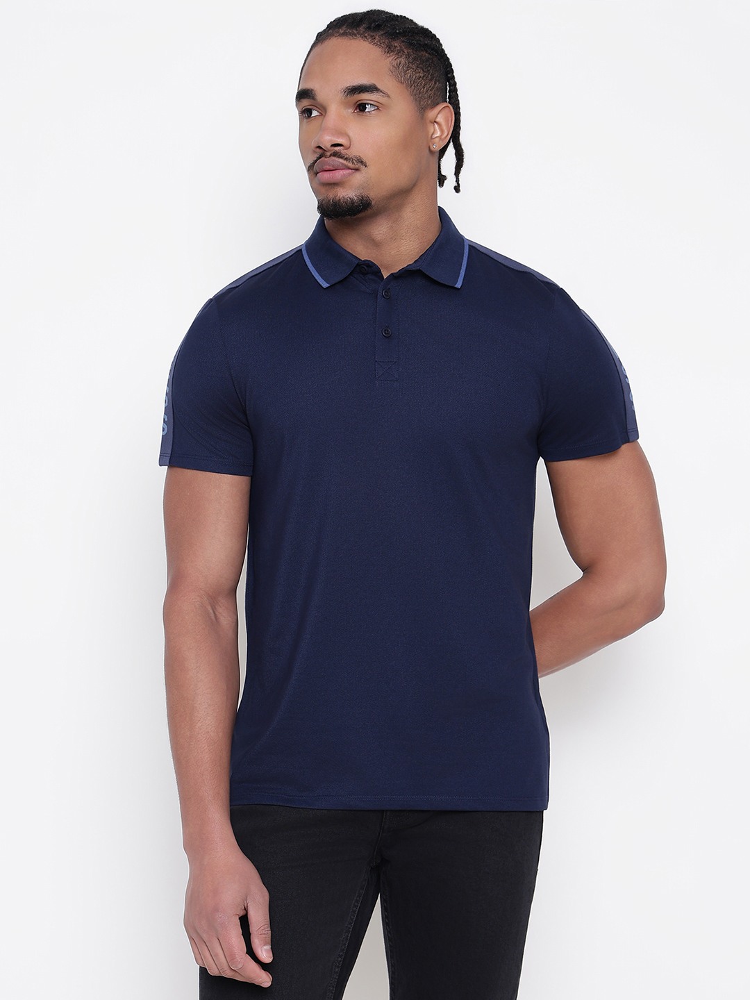 Men Navy Blue Solid Polo Collar T-shirt