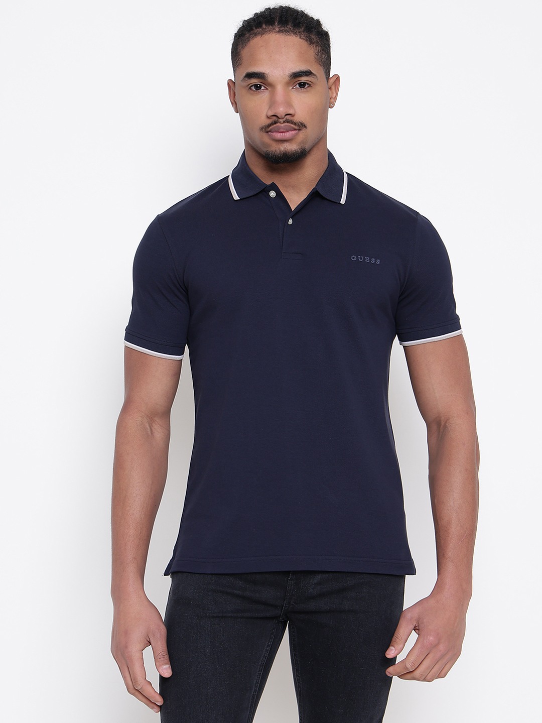 Men Navy Blue Solid Polo Collar T-shirt