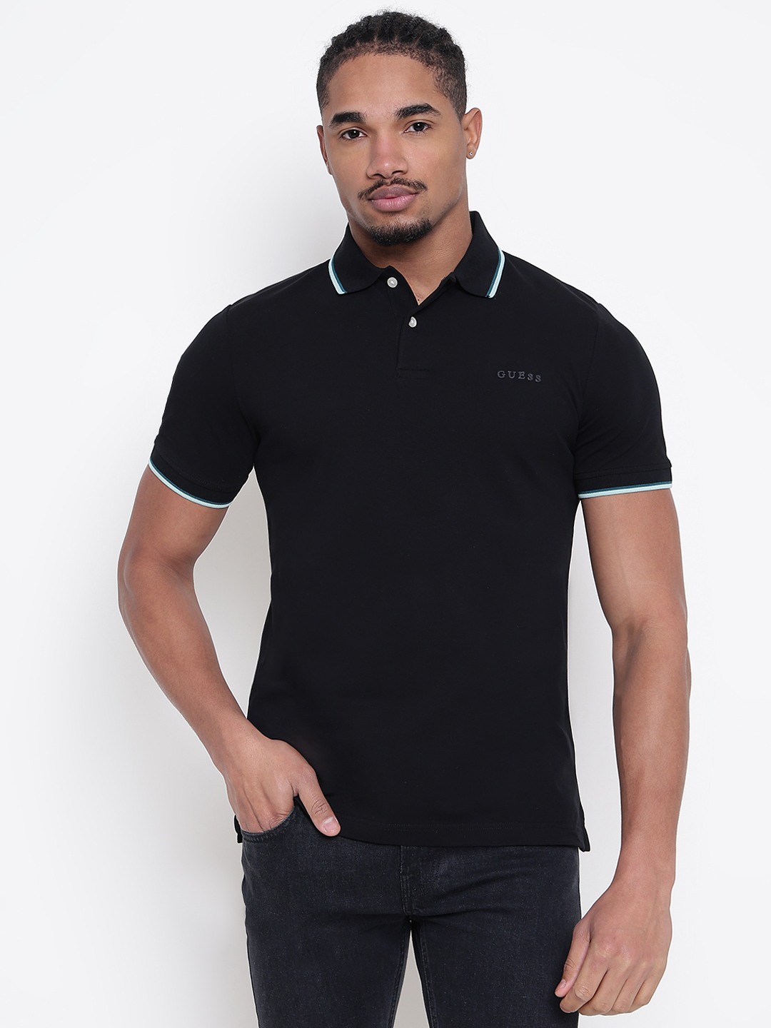 Men Black Solid Polo Collar T-shirt