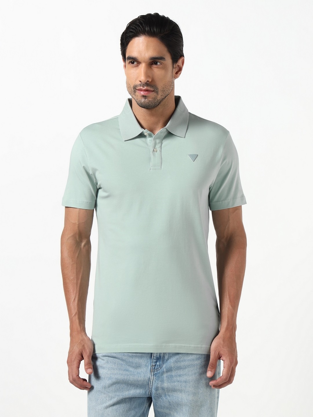 Guess Men Nolan Blue Solid Polo Neck Knit Slim Fit T-Shirt