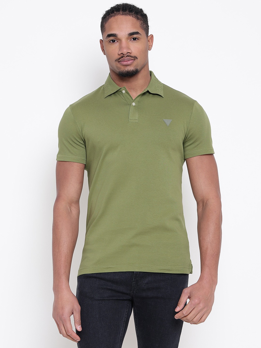 Men Olive Solid Polo Collar T-shirt