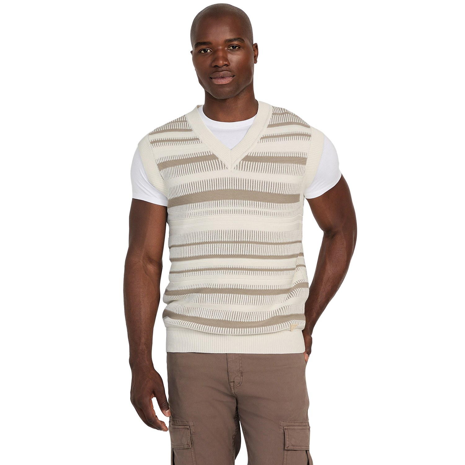 Guess Men Striped V-Neck Short Sleeves Sweater