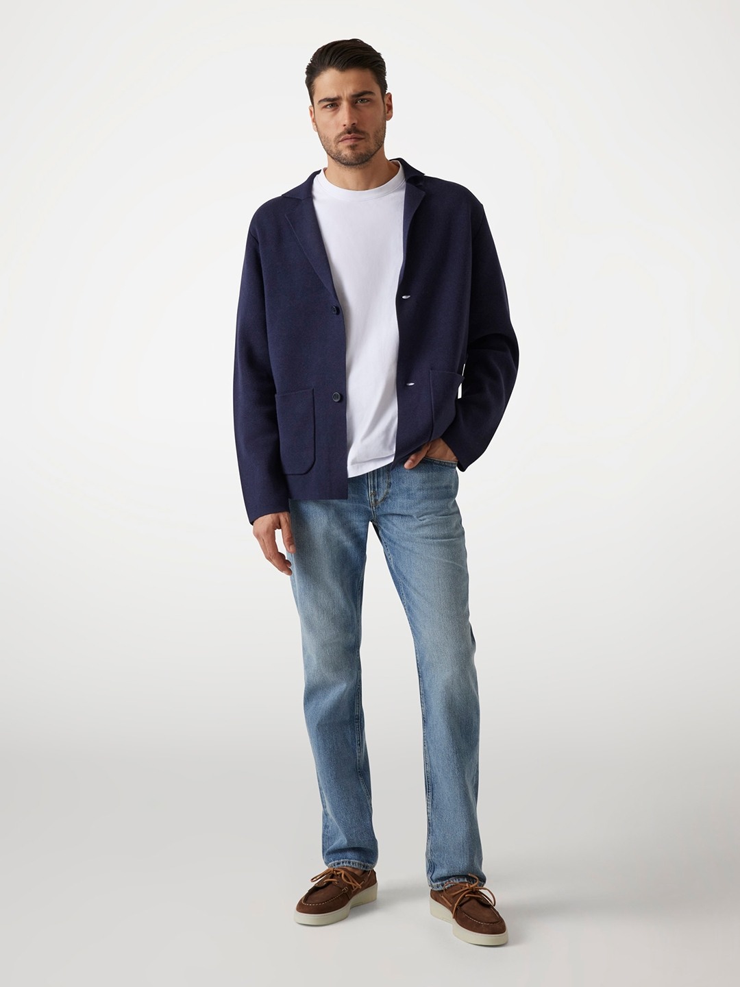 Guess Men's Navy Blue Solid Notch Collar Long Sleeves Blazer