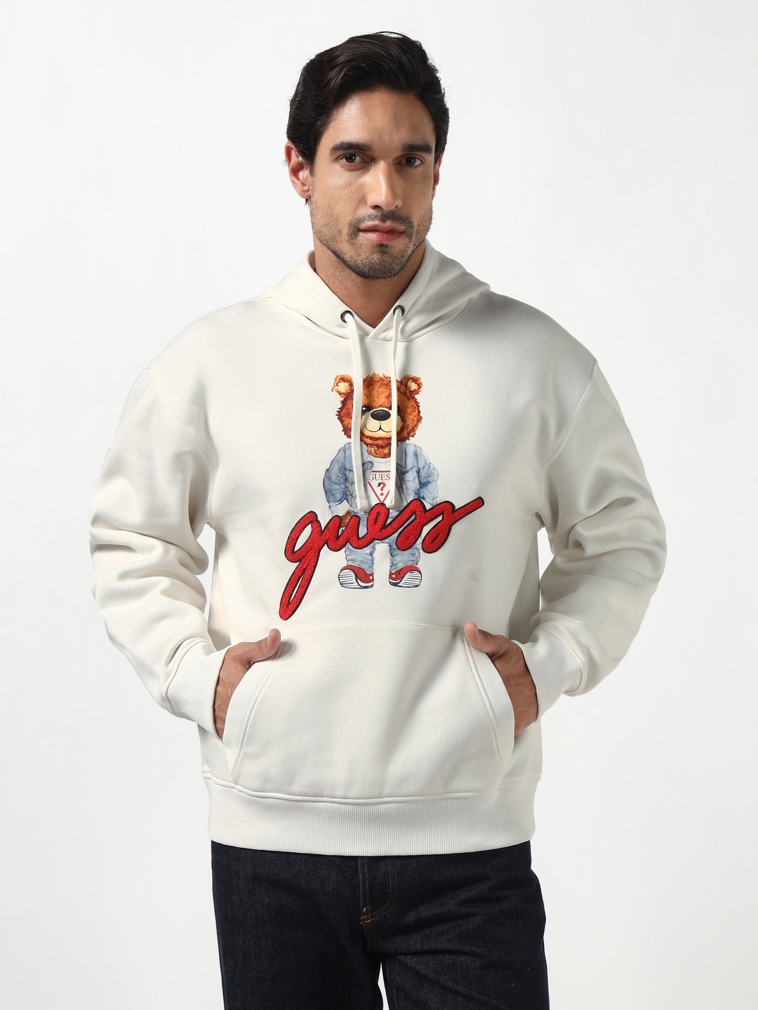 Guess Men Bear Fleece Salt White Printed Hooded Neck Full Sleeves Knit Sweatshirt