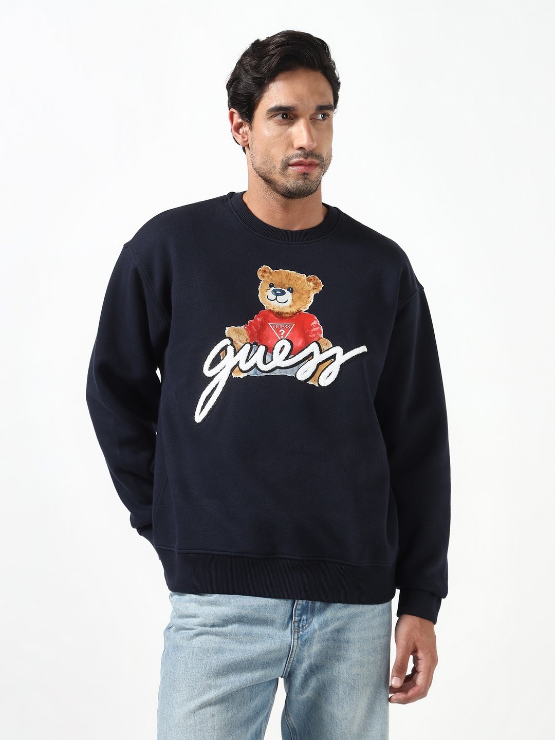 Guess Men Bear Fleece Smart Blue Printed Round Neck Full Sleeves Knit Sweatshirt