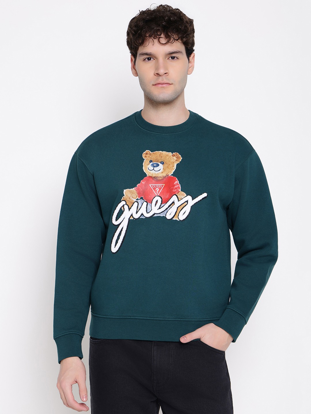 Guess Men Chenille Embroidered Graphic Print Round Neck Long Sleeves Sweatshirt