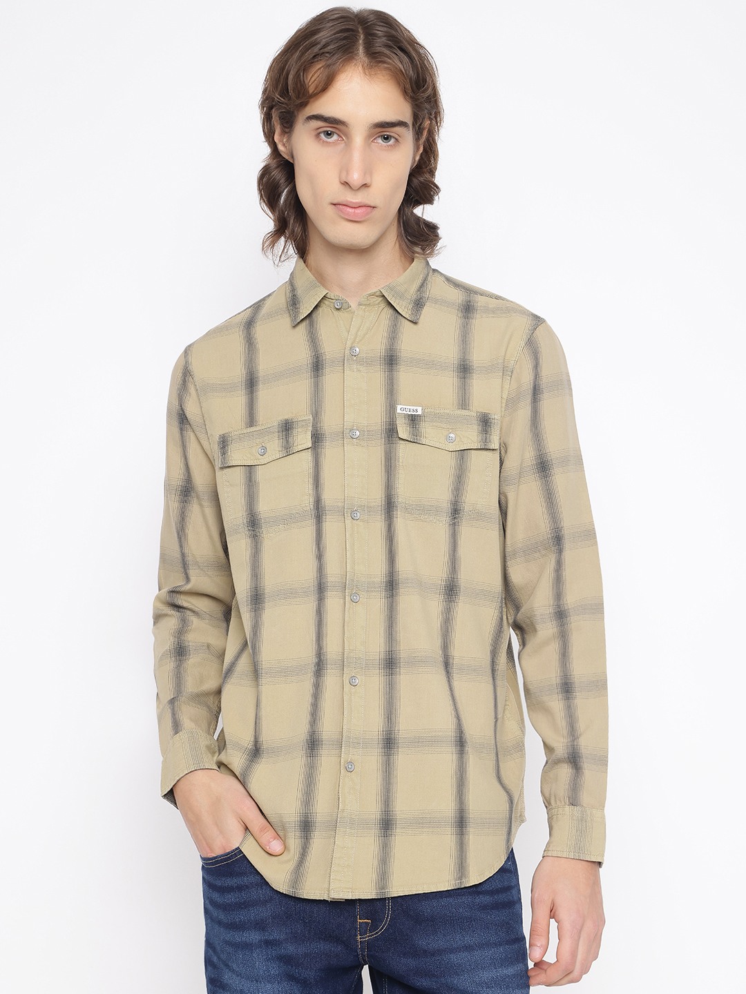 Guess Men's Beige Checked Spread Collar Long Sleeves Shirt