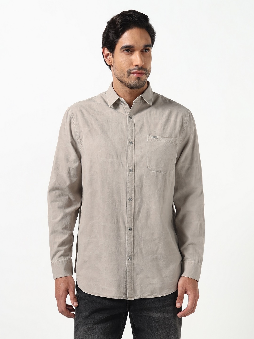 Guess Men Collins Khaki Solid Spread Collar Woven Regular Fit Shirt