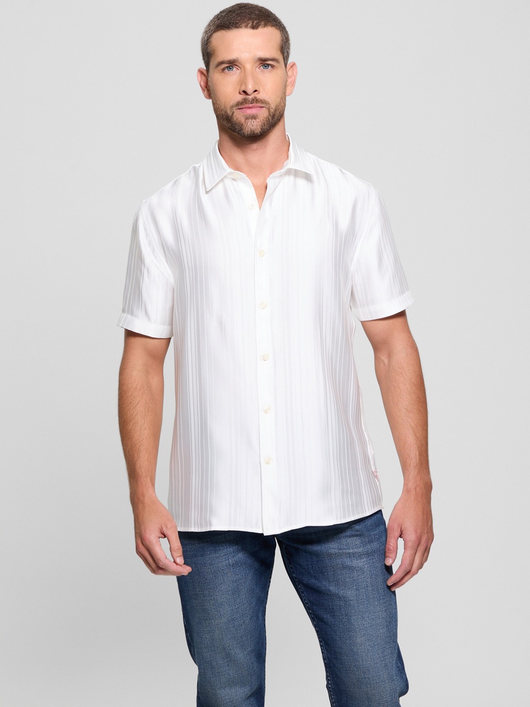 Guess Salt White Collar Neck Stripes Shirt