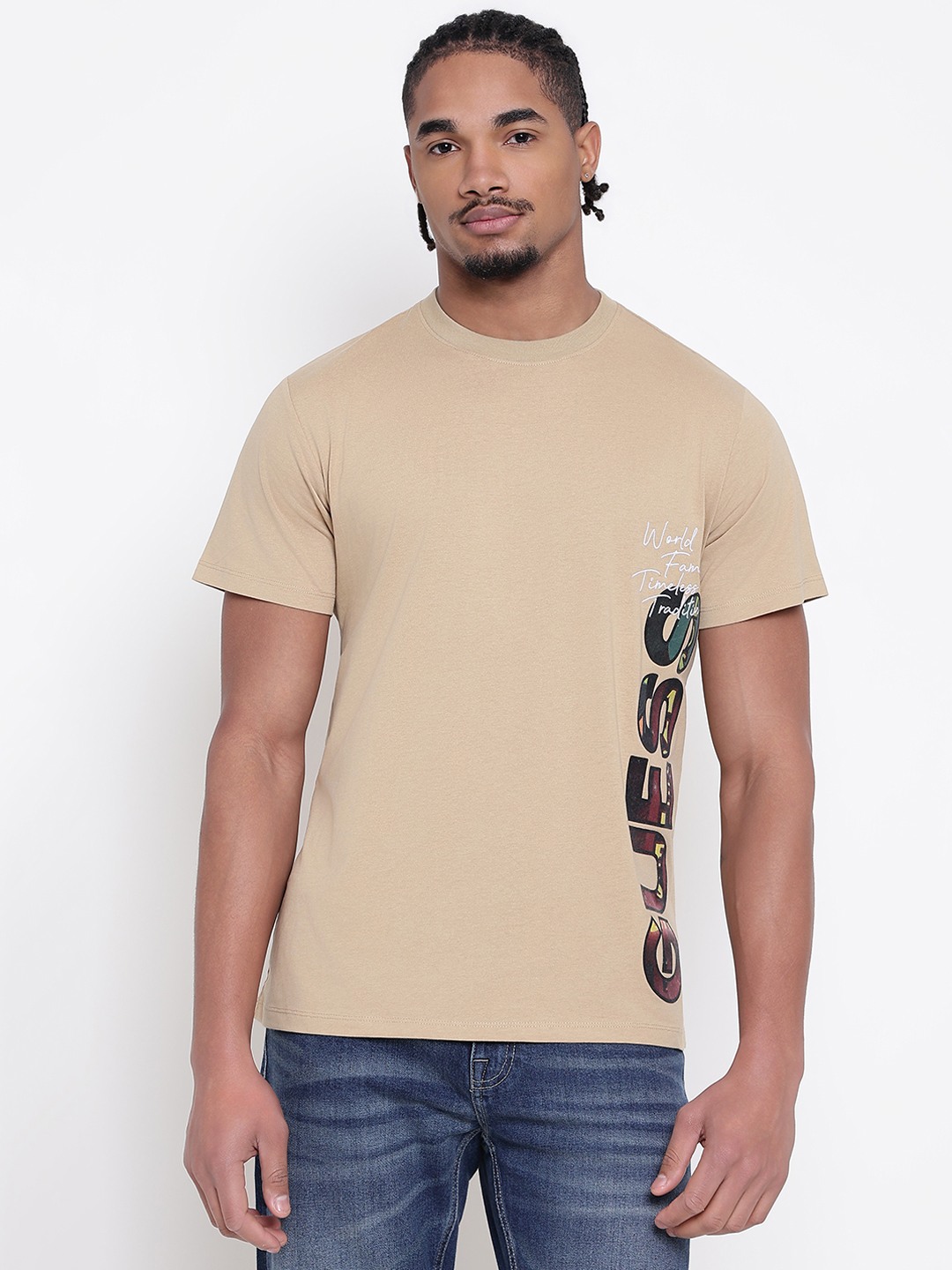 Men Beige Printed Round Neck T-shirt