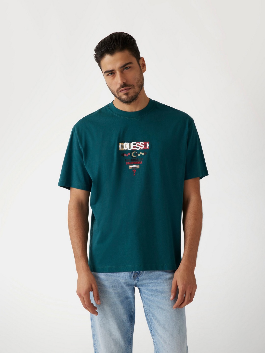 Guess Men's Teal Graphic Round Neck Short Sleeves T-Shirt