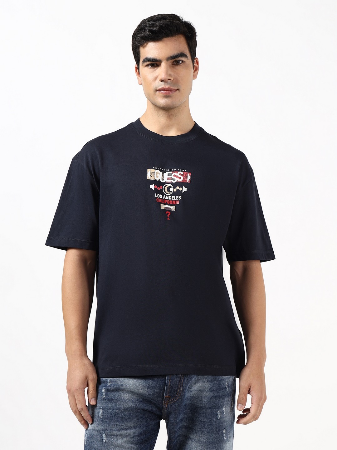 Guess Men Mid Organic Smart Blue Printed Round Neck Pure Cotton Back Print T-Shirt